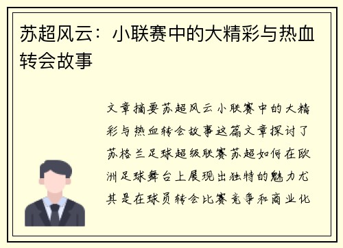 苏超风云：小联赛中的大精彩与热血转会故事